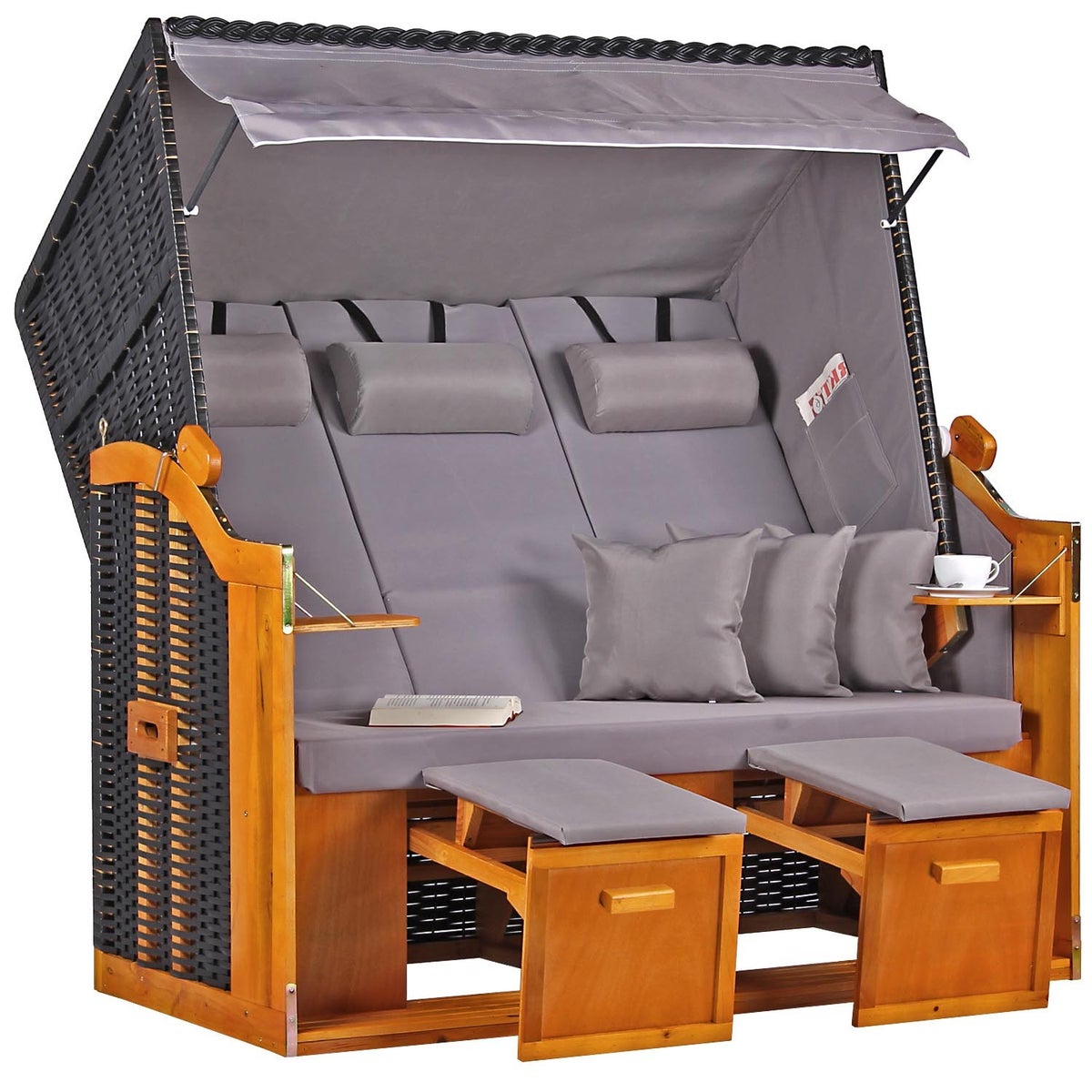 Baltische strandstoel, driezits, PE, zwart, design: effen grijs