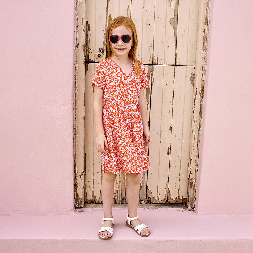 Robe manches courtes effet cache-cœur imprimé fleuri pour fille