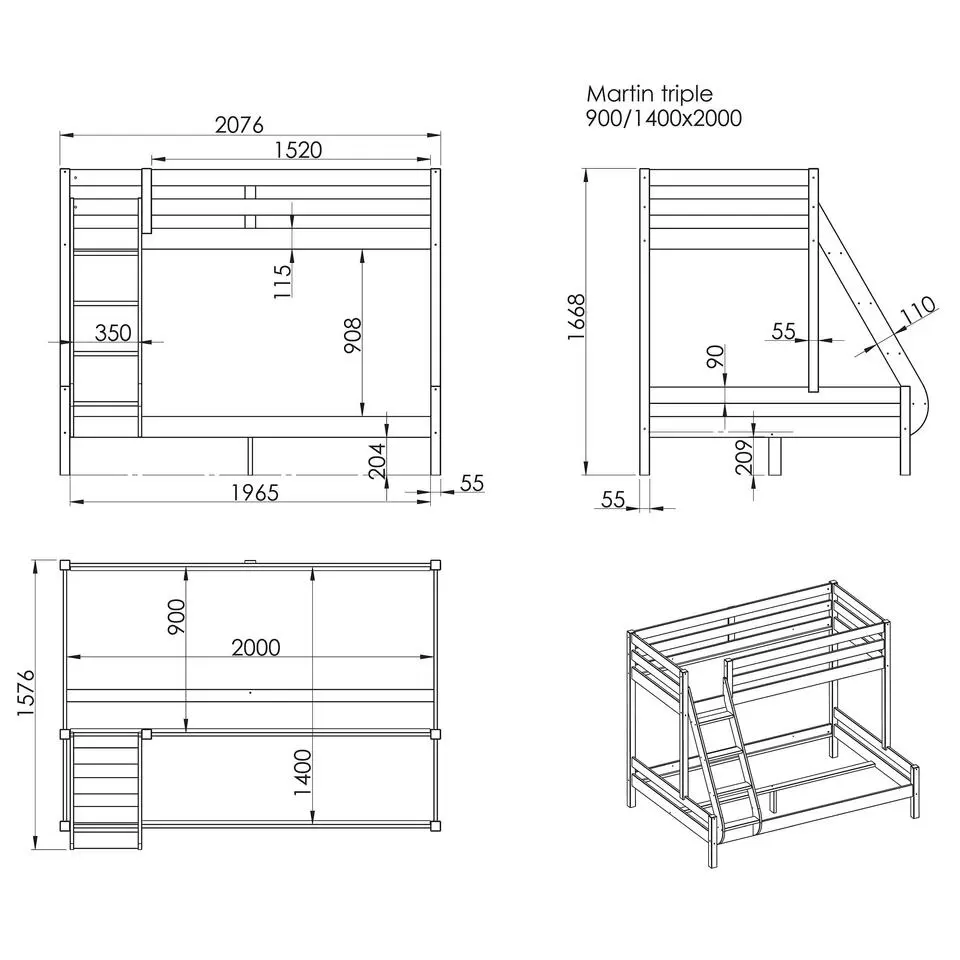 Stapelbed Triple 3-persoons hout - grijs