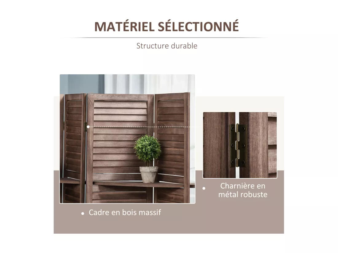 Paravent intérieur 4 panneaux 3 étagères pliables séparateur de pièce portes persiennes bois de paulownia aspect acajou foncé
