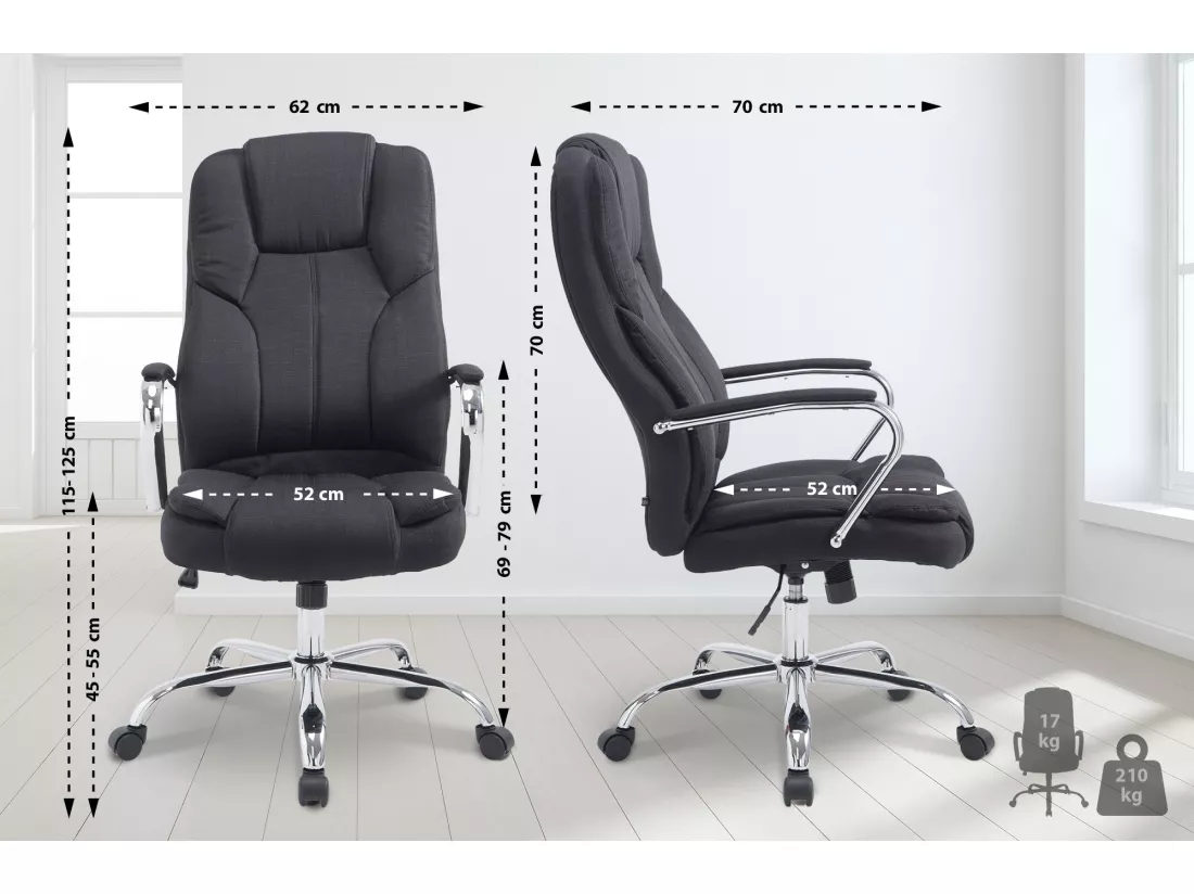 Chaise de bureau - Tissu & Métal chromé - Noir - XXL Xanthos