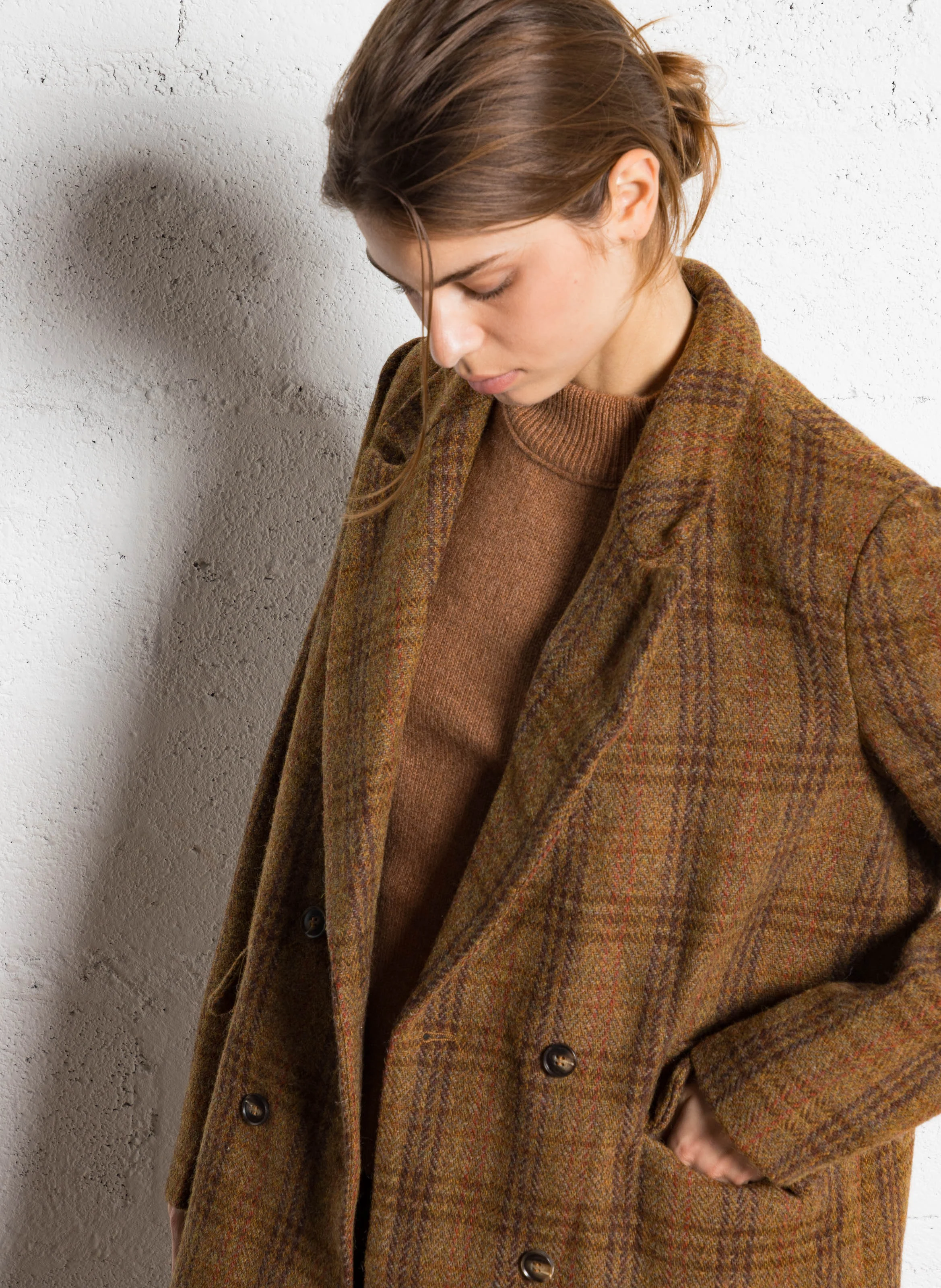 Manteau long croisé en laine| Marron