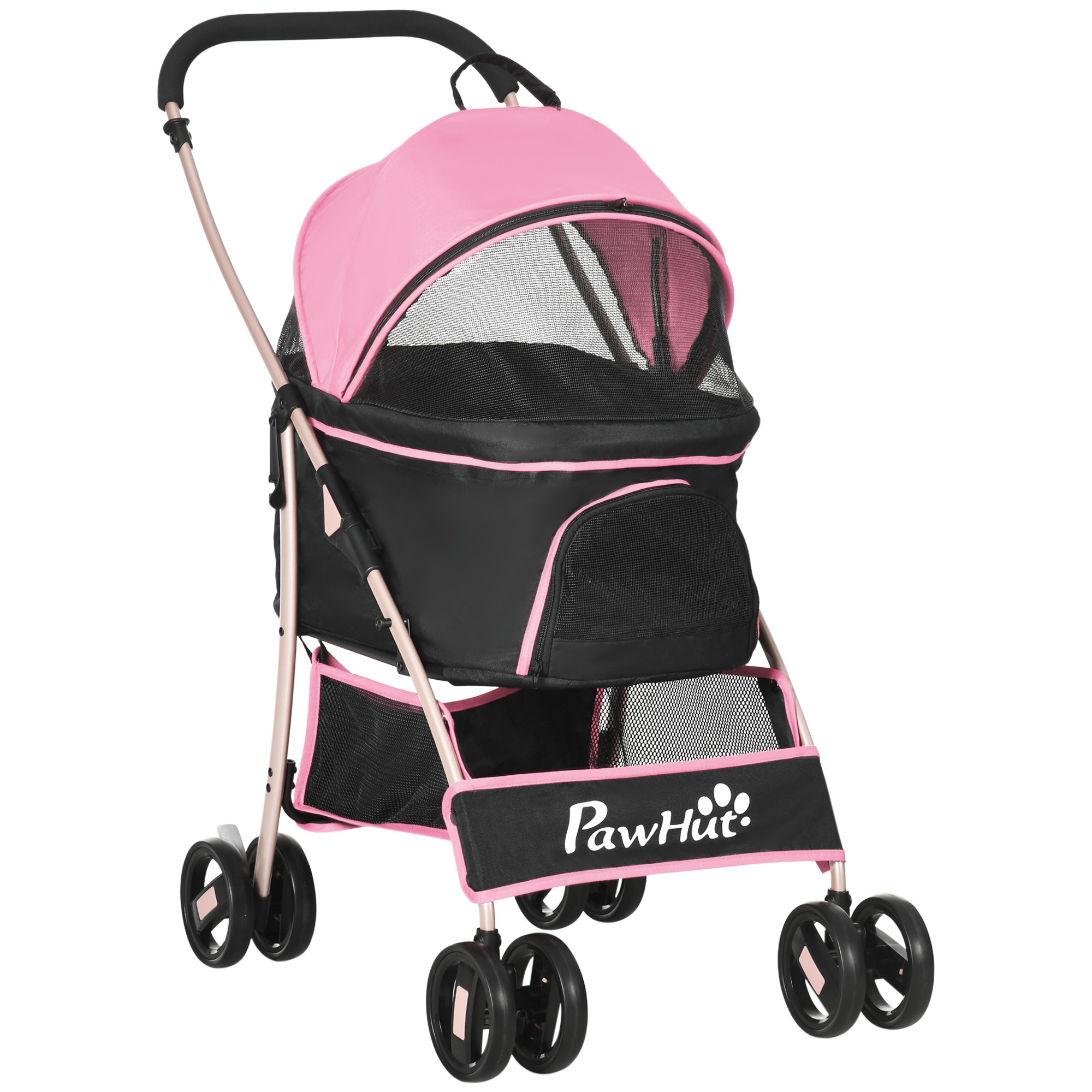 Carrinho de passeio 3 em 1 PawHut para animais de estimação, transporte para cães e gatos, bolsa dobrável removível com cesto de armazenamento e freios, tecido Oxford 600D, capacidade de carga de 15 kg, 82 x 49,5 x 98 cm, rosa