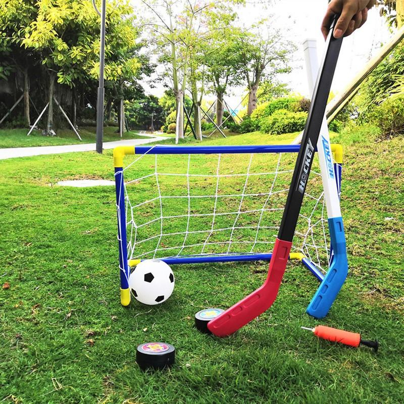 (7-tlg. Set) 2in1 Kinder Hockey Kit Fussball Tor inkl. Schläger / Ball / Puck