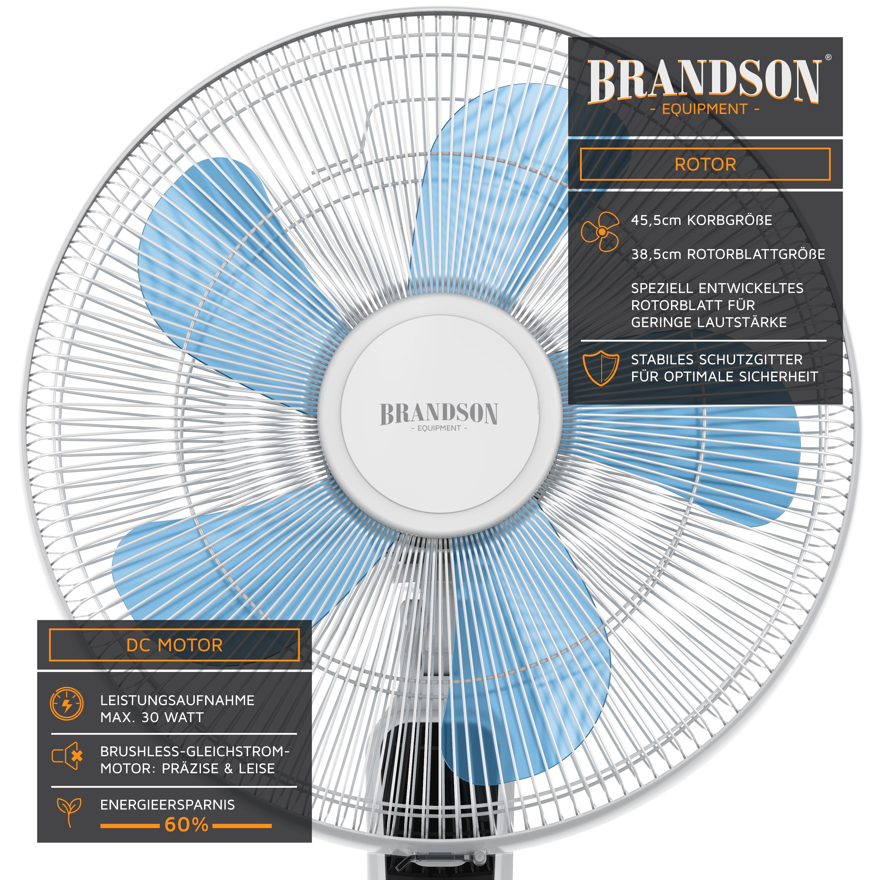 Brandson Standventilator DC Motor mit Fernbedienung + LED Display, Oszillation, Ventilator leise, Höhe verstellbar, energiesparend, Weiß