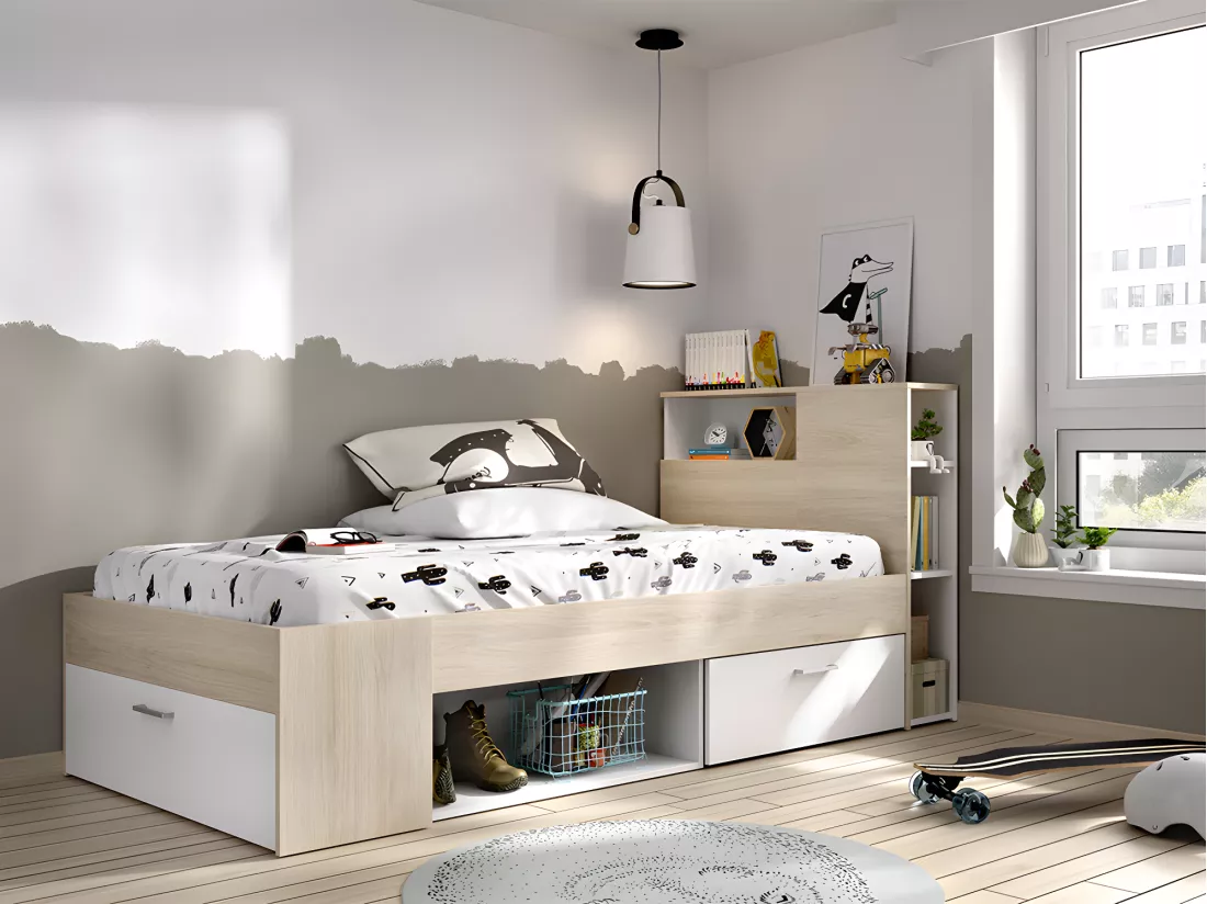 Lit avec tête de lit rangements et tiroir - 90 x 190 cm - Blanc et Naturel - LEANDRE