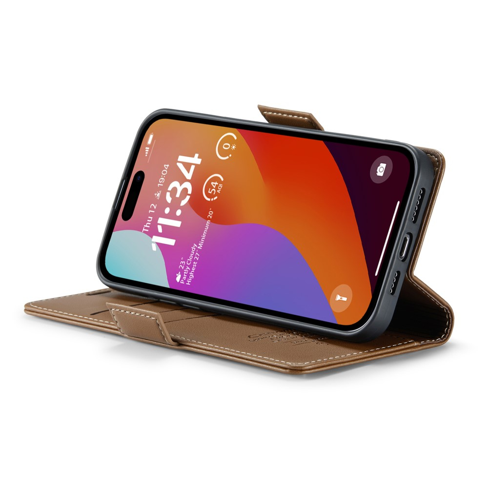 iPhone 16 Pro Leder Tasche Flip Wallet Etui mit Kartenfächern Litchi Look (RFID Schutz) - Braun