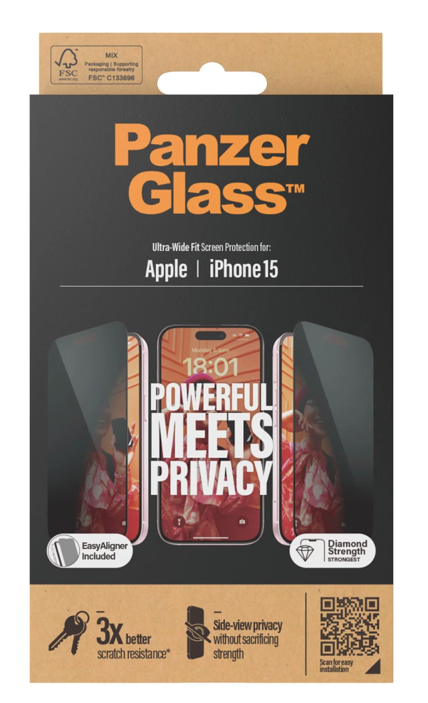 iPhone 15 Antibakterielle Ultra Wide Fit Privacy Panzer Glas Displayschutz mit Montagerahmen (P2809)