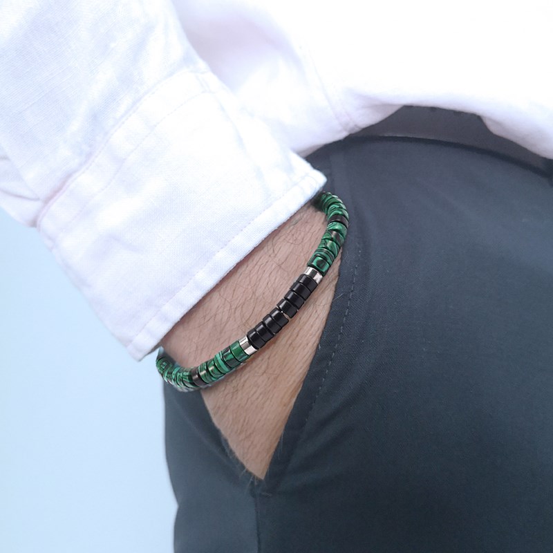 Bracelet Perles Heishi Agate Noire Et Malachite-XS-14cm