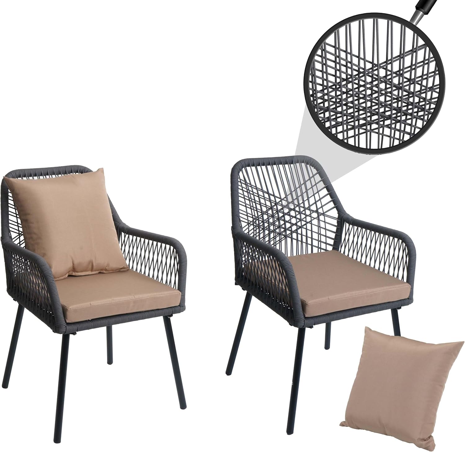 Mendler 2er-Set Gartenstuhl HWC-O12, Outdoor Sitz-/Rückenpolster Aluminium Seilgeflecht Rope - anthrazit, Bezug Taupe