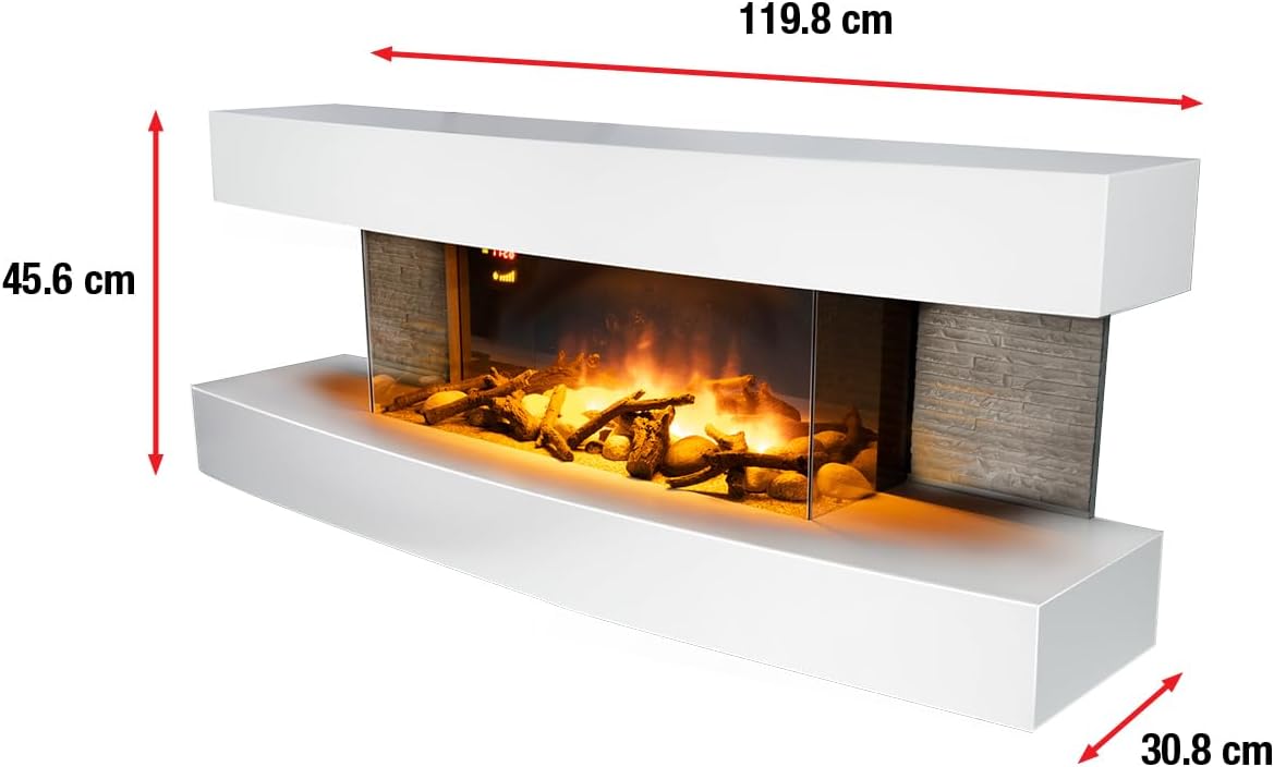 Elektrokamin Montreal Elektrischer Kamin 2000W - mit Heizung und Kaminfeuer - Deko Kamin mit LED - Einstellbarer Thermostat - Inkl. Fernbedienung - Weiß