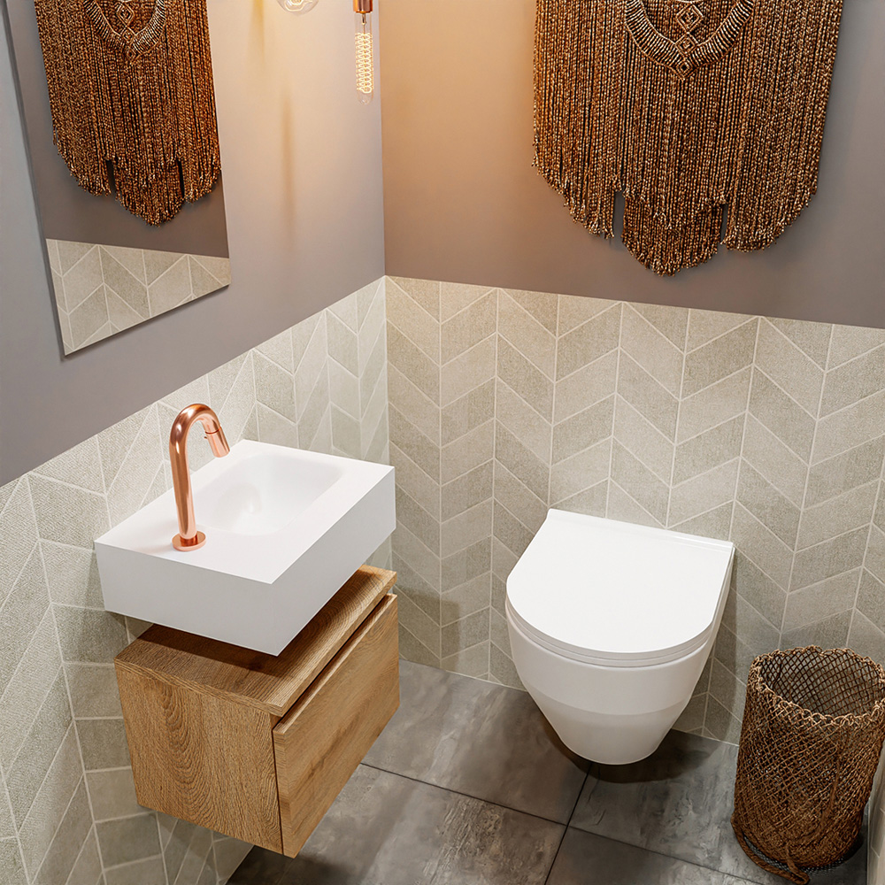 Mondiaz Andor toiletmeubel 40cm eiken met witte wastafel rechts met kraangat