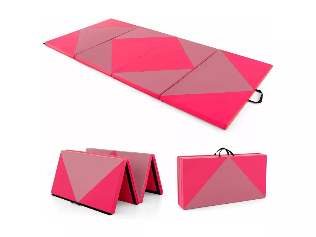 Tapis de Gymnastique Pliable Epais 240x117x5CM, Matelas d'Entrainement en Mousse et PU avec Poignées, pour Gymnastes Entraînements Sportifs Yoga (Rose et Rouge)