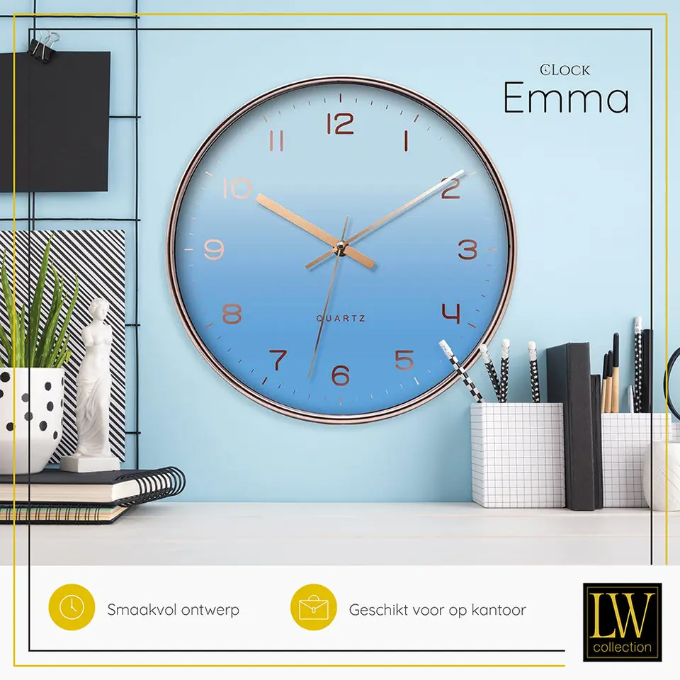 LW Collection Keukenklok Emma lichtblauw rosé 30cm