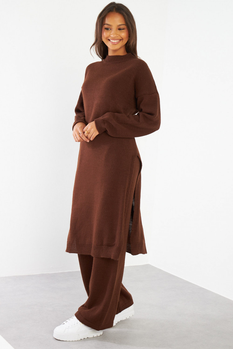 Ensemble 2 pièces pull long + pantalon en laine marron
