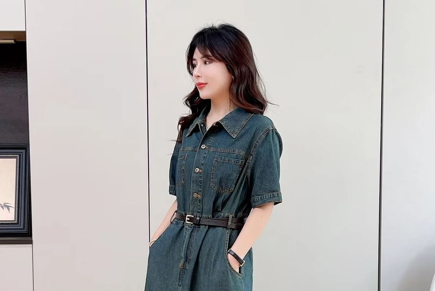 Aigan - Henley denim maxi-overhemdjurk met korte mouwen