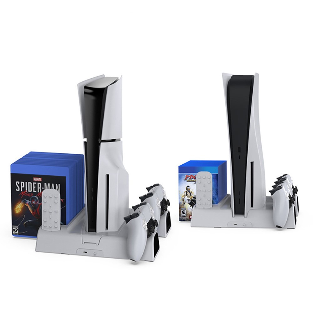 Sony PlayStation PS5 Slim Halterung mit aktivem Lüfter und Controller Dual Ladestation   USB C / Disk Ständer und RGB LED - Weiss