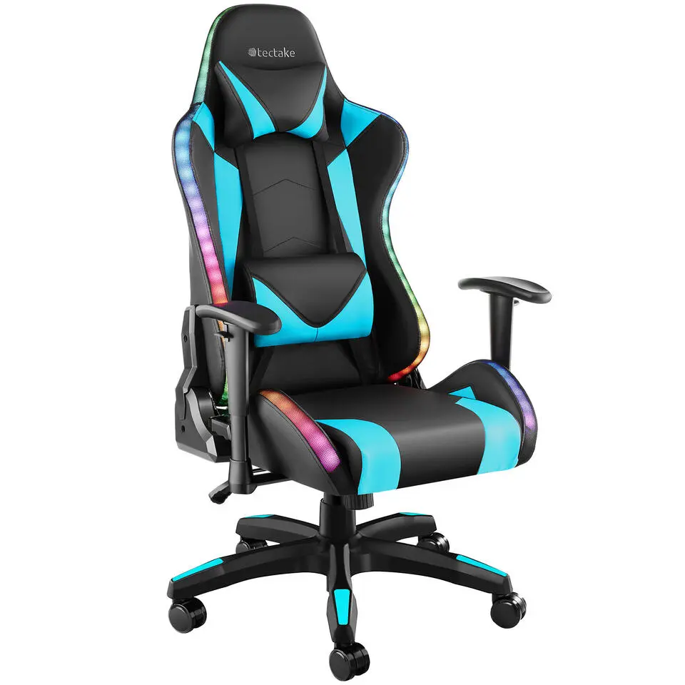 tectake Gaming stoel Tartaros, LED, massagefunctie, Zwart/azuur