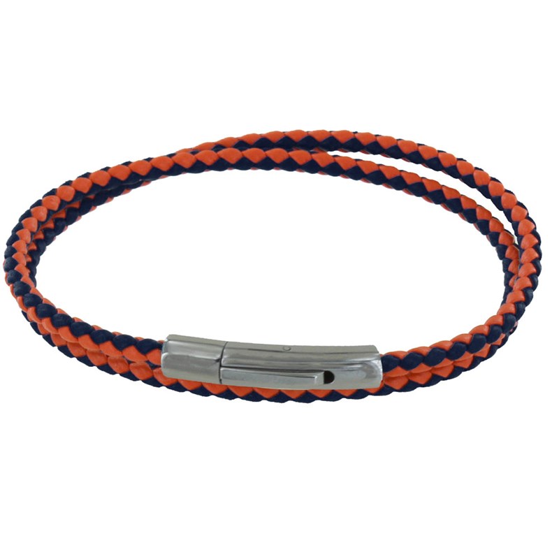 Bracelet Homme Double Tour Bicolore Cuir Tréssé Rond pour Poignet 19cm - Orange