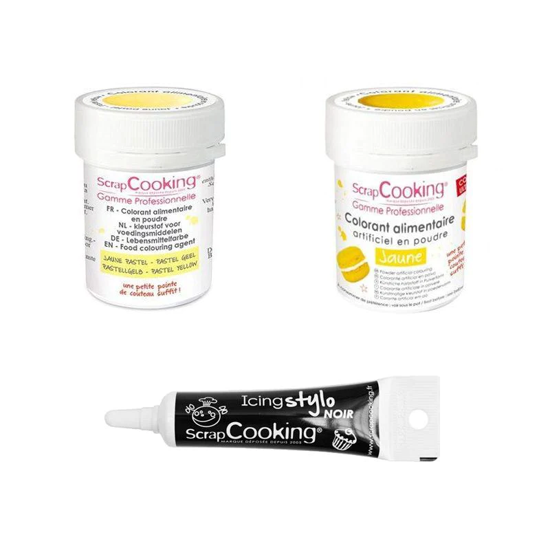 2 colorants alimentaires jaune pastel-jaune + Stylo glaçage noir Scrap