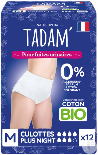 Tadam Culottes Ecologiques Fuites Urinaires Et Incontinence Légère Jetables Plus Nuit M 12 Pièces