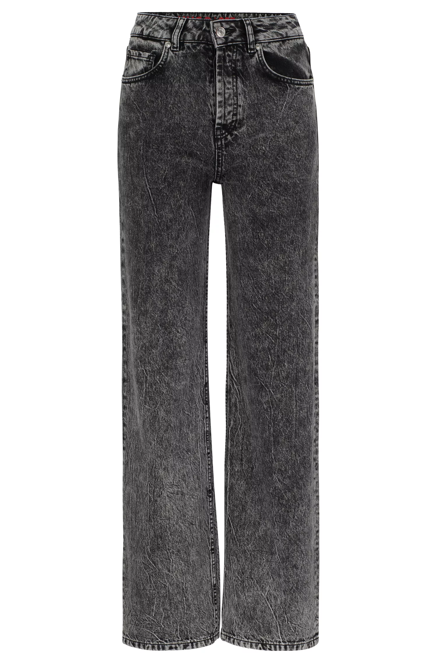 Calça jeans HUGO vermelha, modelagem relaxada, em denim rígido preto.