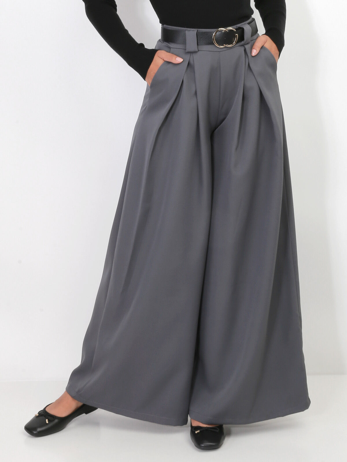 Pantalon à pinces large avec ceinture- Gris foncé