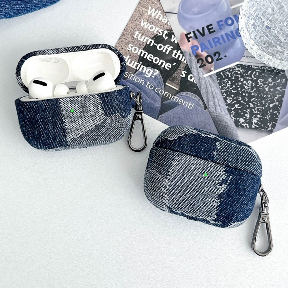 AirPods Pro Hybrid Schutzhülle Abdeckung mit Karabinerhaken Denim Design - Dunkelblau / Grau