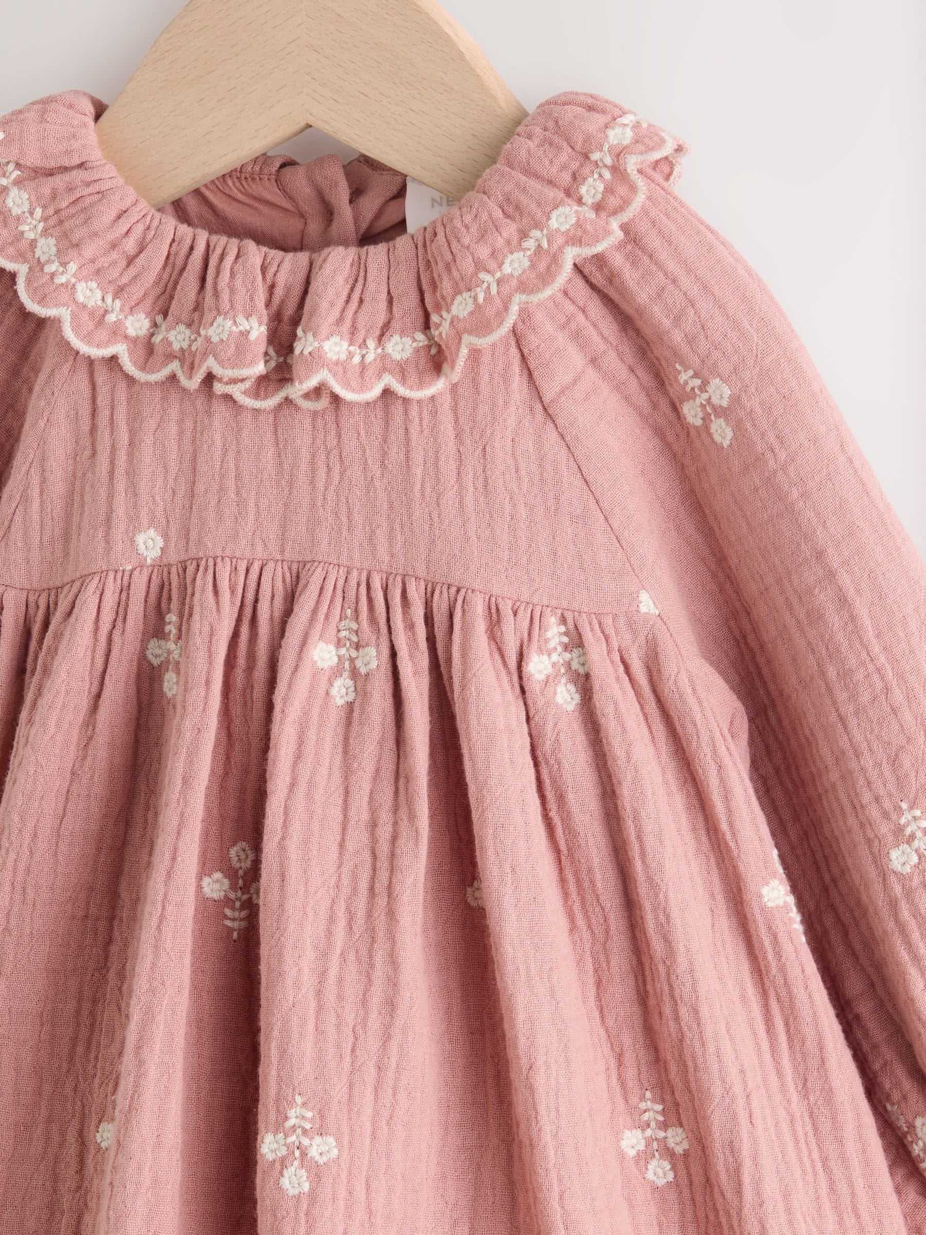 Roze - Geborduurde geweven babyjurk met lange mouwen (0mnd -2jr)