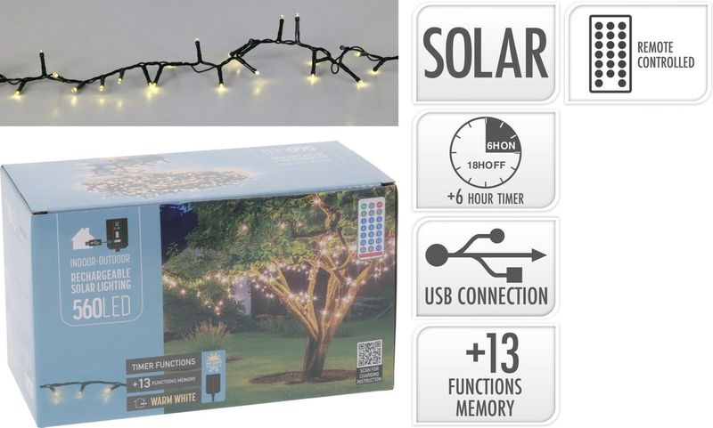 Kerstverlichting - Solar - 560 Warm Witte Leds - 14.2 Meter