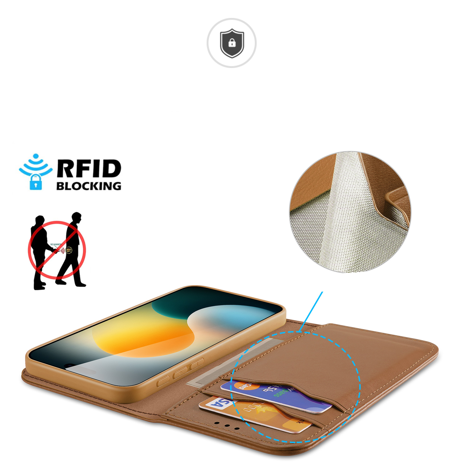 iPhone 17 Pro Max Flip Wallet Cover Echtleder Tasche (RFID Schutz) - Braun