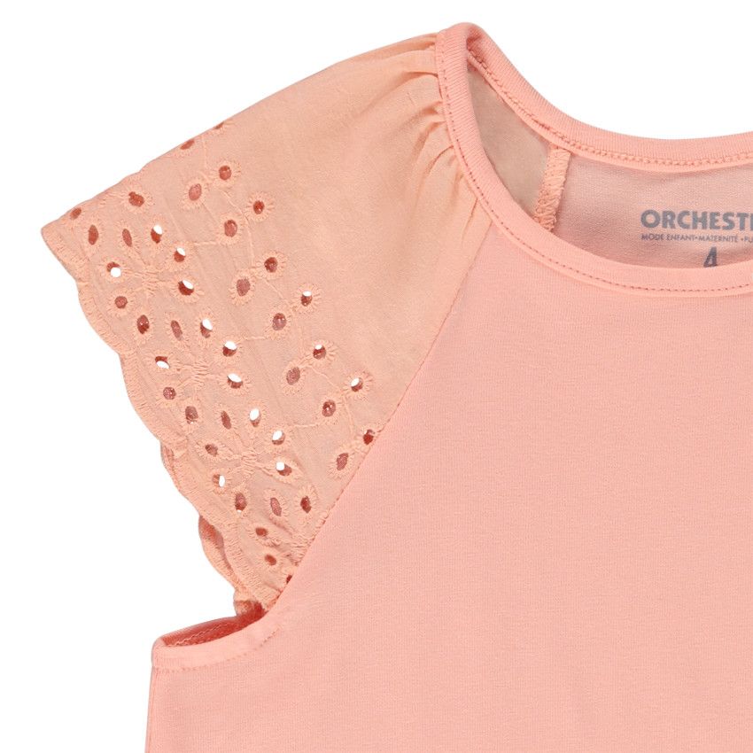 T-shirt manches courtes en broderie anglaise uni pour fille - Multicolore
