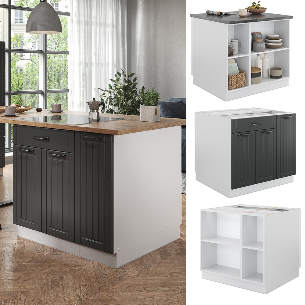 Vicco Kücheninsel Küchenblock Einbauküche Fame-Line Landhaus Weiß Dunkelgrau 90 cm Küchen Schränke Apothekerunterschrank Schubunterschrank Regalinselunterschrank Softclose-Scharnier Küchenmöbel