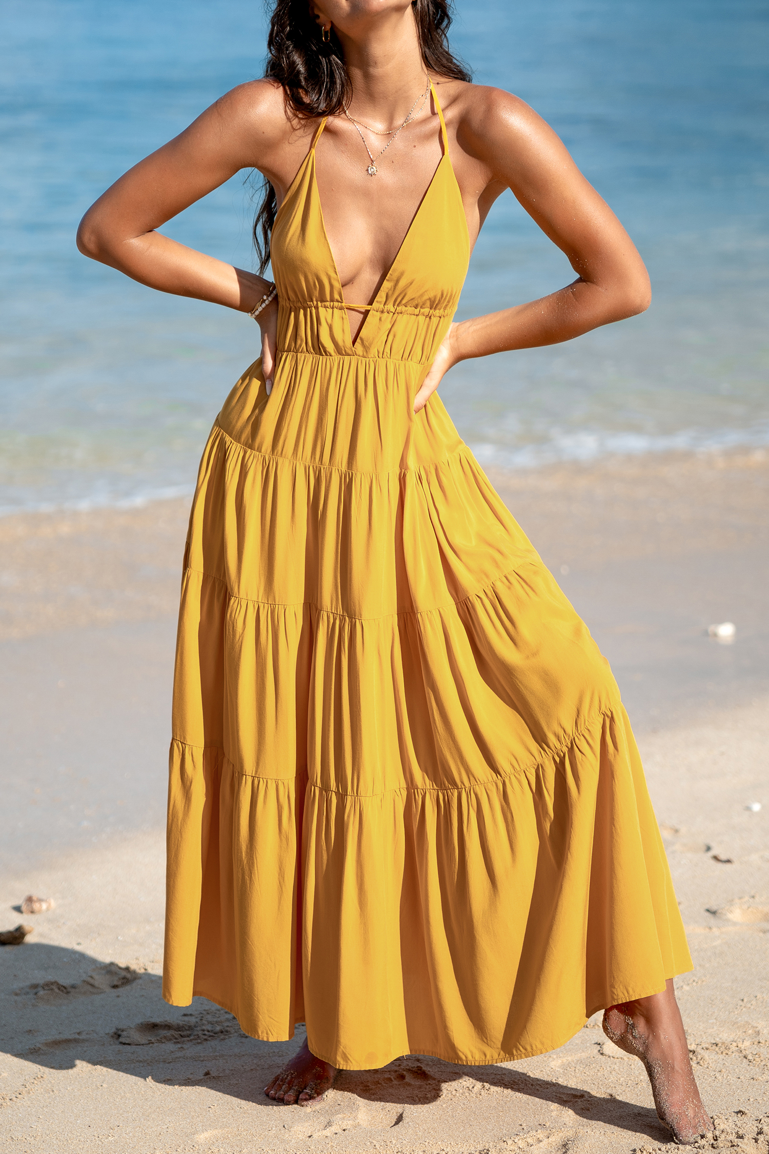 Robe maxi à col licou jaune