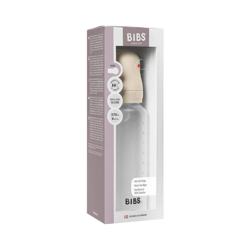 BIBS Babyfles 270 ml - Ivory - met siliconen speen en opvouwbare trechtertje