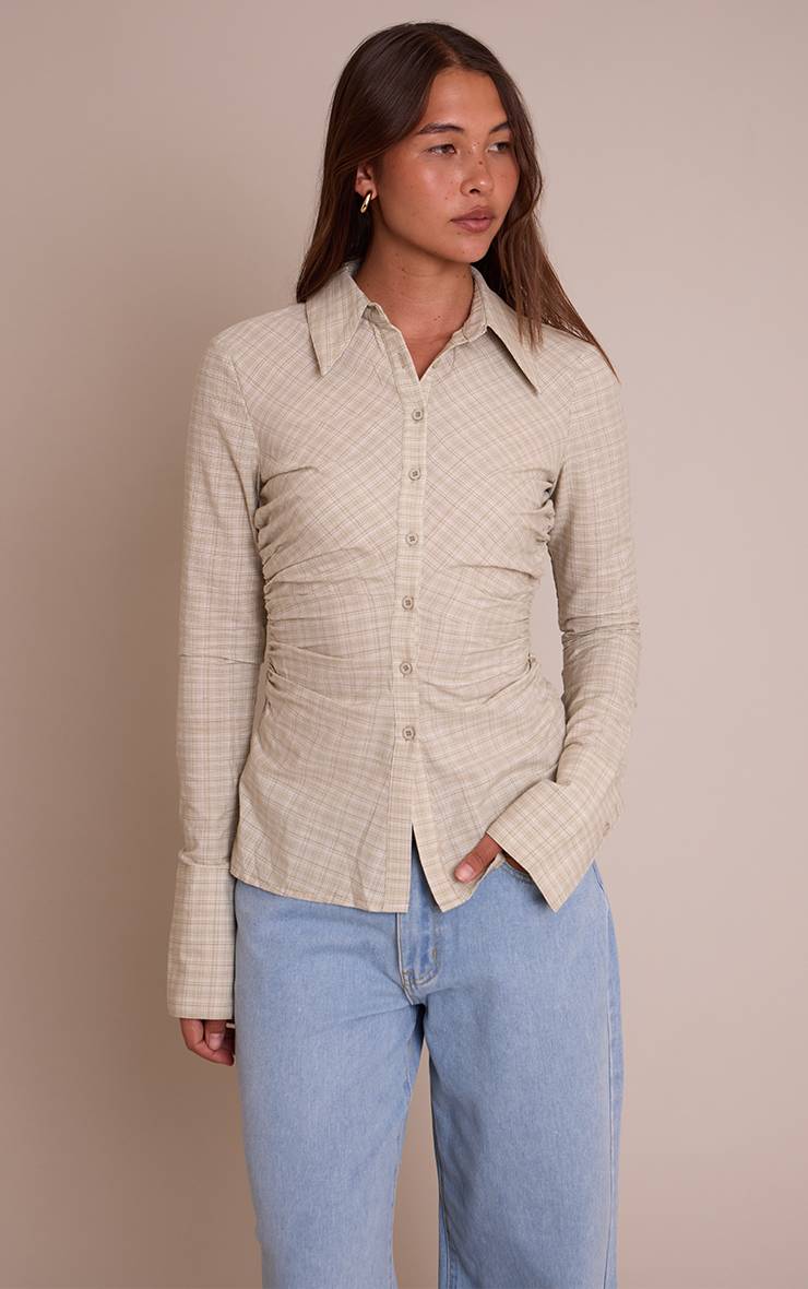 Vert Chemise Ajustée À Carreaux Avec Détail Froncé Sur Les Côtés