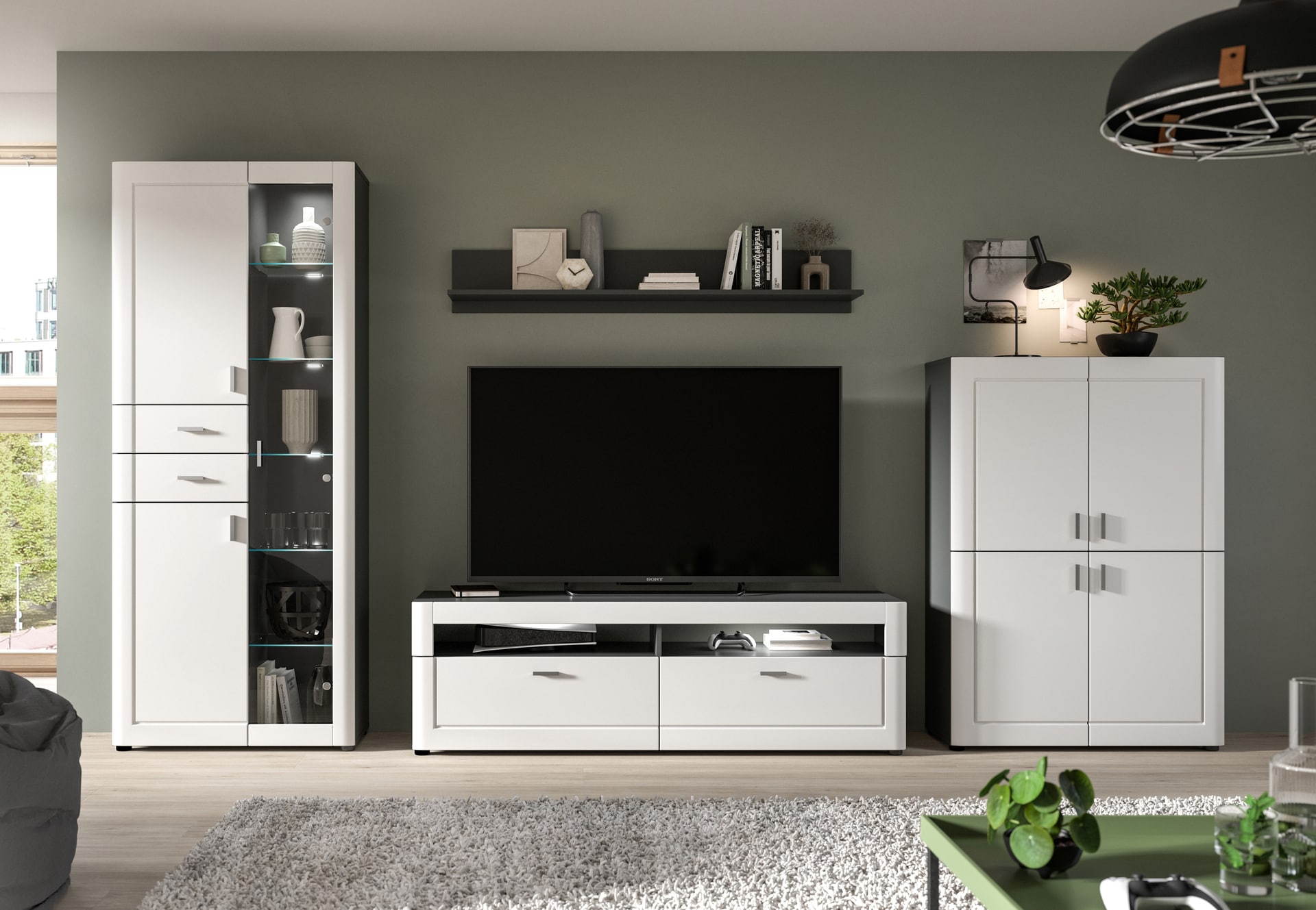 Vitrine LAGO 80 x 194 cm weiß matt/grau