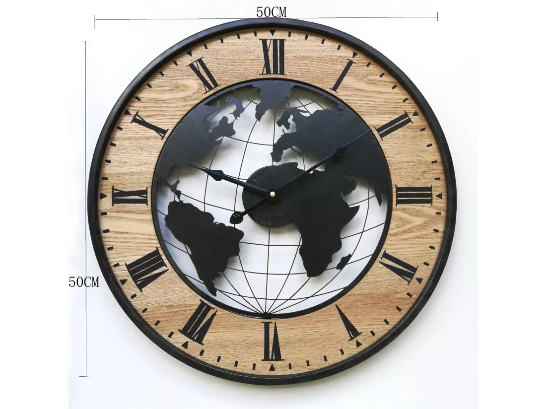 Horloge Murale Ronde Rétro Marron Noir Mdf Analogique 50x50x4,5