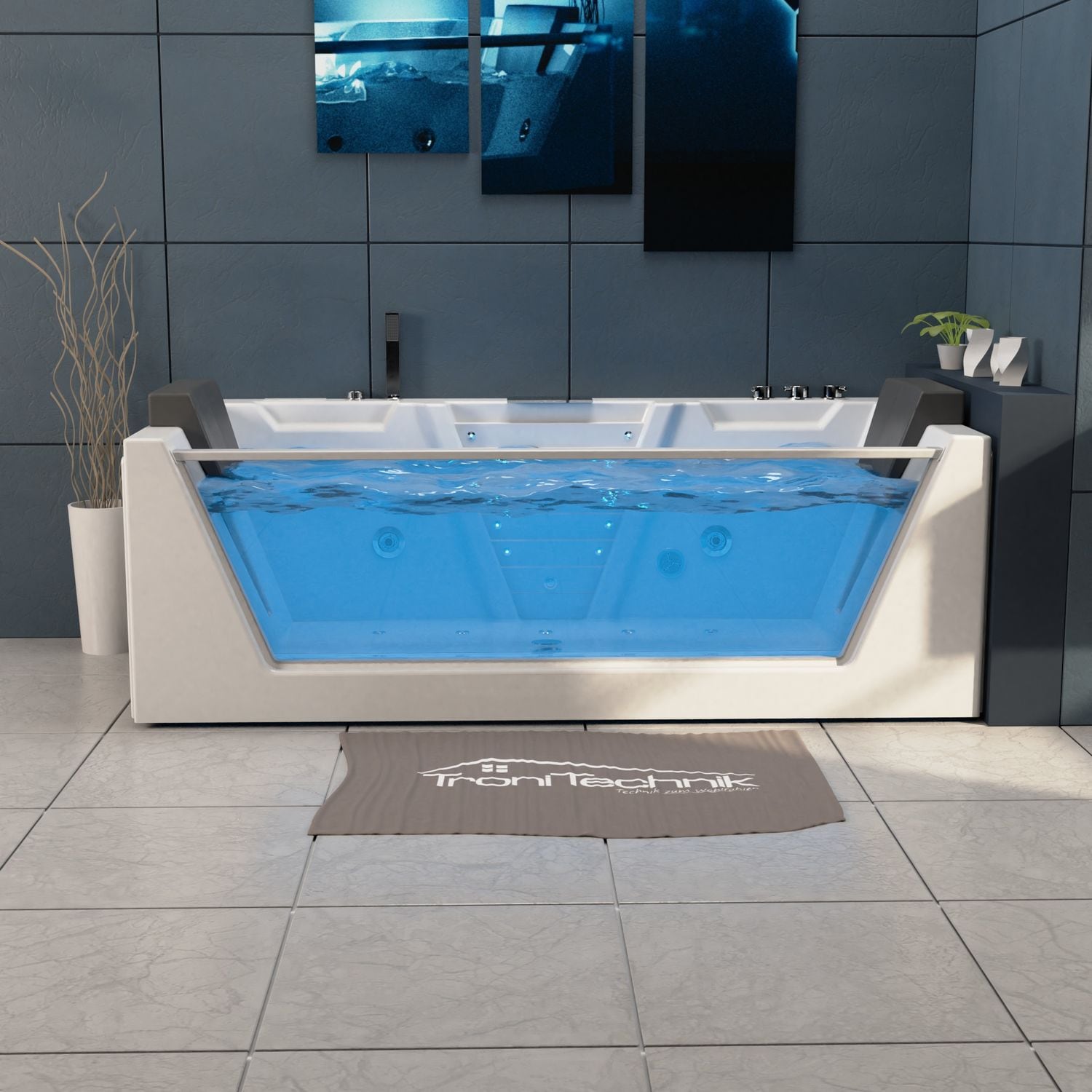 TroniTechnik® Whirlpool Badewanne MYKONOS 180cm x 88cm mit Heizung, Wasserfall, Hydromassage und Farblichtherapie, Sanitäracryl
