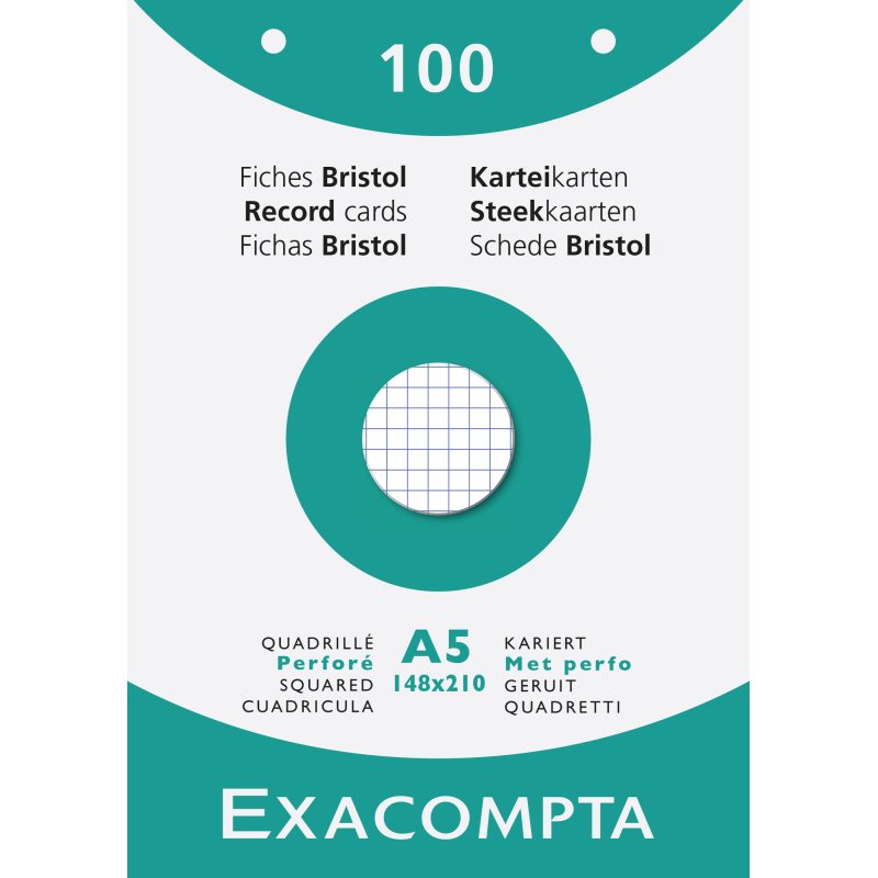 Fiche bristol 148 x 210 mm quadrillée 5 x 5 blanche perforée Exacompta - Boîte de 100