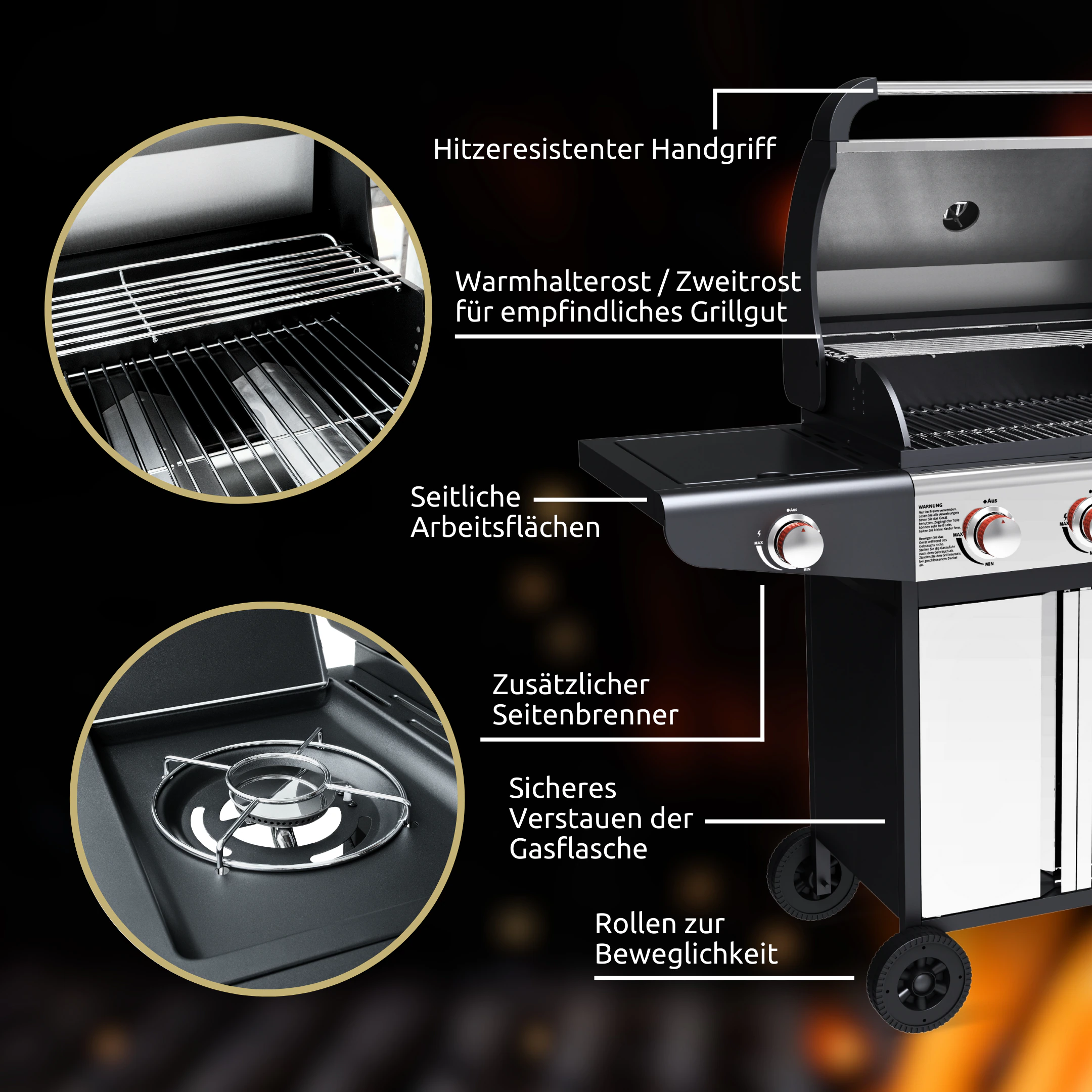 deluxe4home® Grillwagen Gasgrill mit Deckel, 3 + 1 Seitenbrenner, Thermometer uvm.