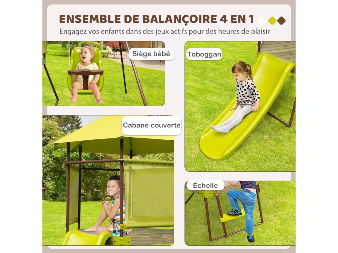 4 en 1 Aire de Jeux Portique en Bois avec Toboggan & Siège Bébé Réglable, Tour d'escalade Enfants avec Cabane Couverte & Échelle, Cadre en Métal pour Jardin pour Enfants de 3-7 Ans