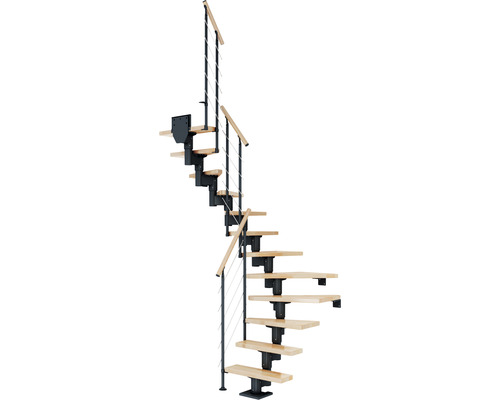Pertura Spiros middentrap, antraciet, halve draai, 65 cm, beukenhouten leuning, gelakt, 11 treden / 12 stootborden