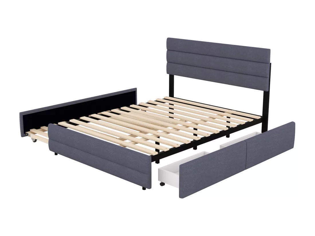 Lit adulte 140x200cm en tissu lin - avec un lit gigogne 90x190cm et 2 tiroirs - tête de lit réglable - Gris