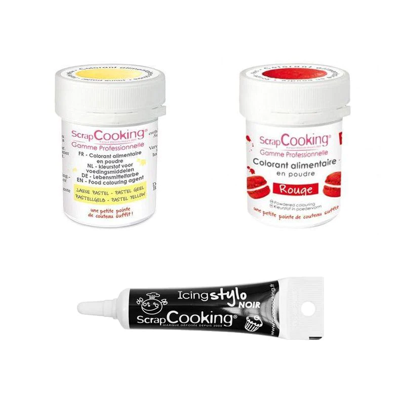 2 colorants alimentaires jaune pastel-rouge + Stylo glaçage noir Scrap