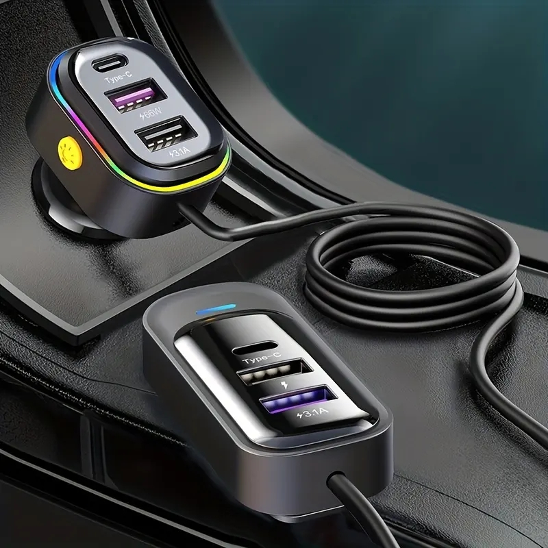 (1.5m) 66W/3.1A 2x USB C / 4x USB A Auto KFZ Ladegerät mit LED Beleuchtung - Schwarz