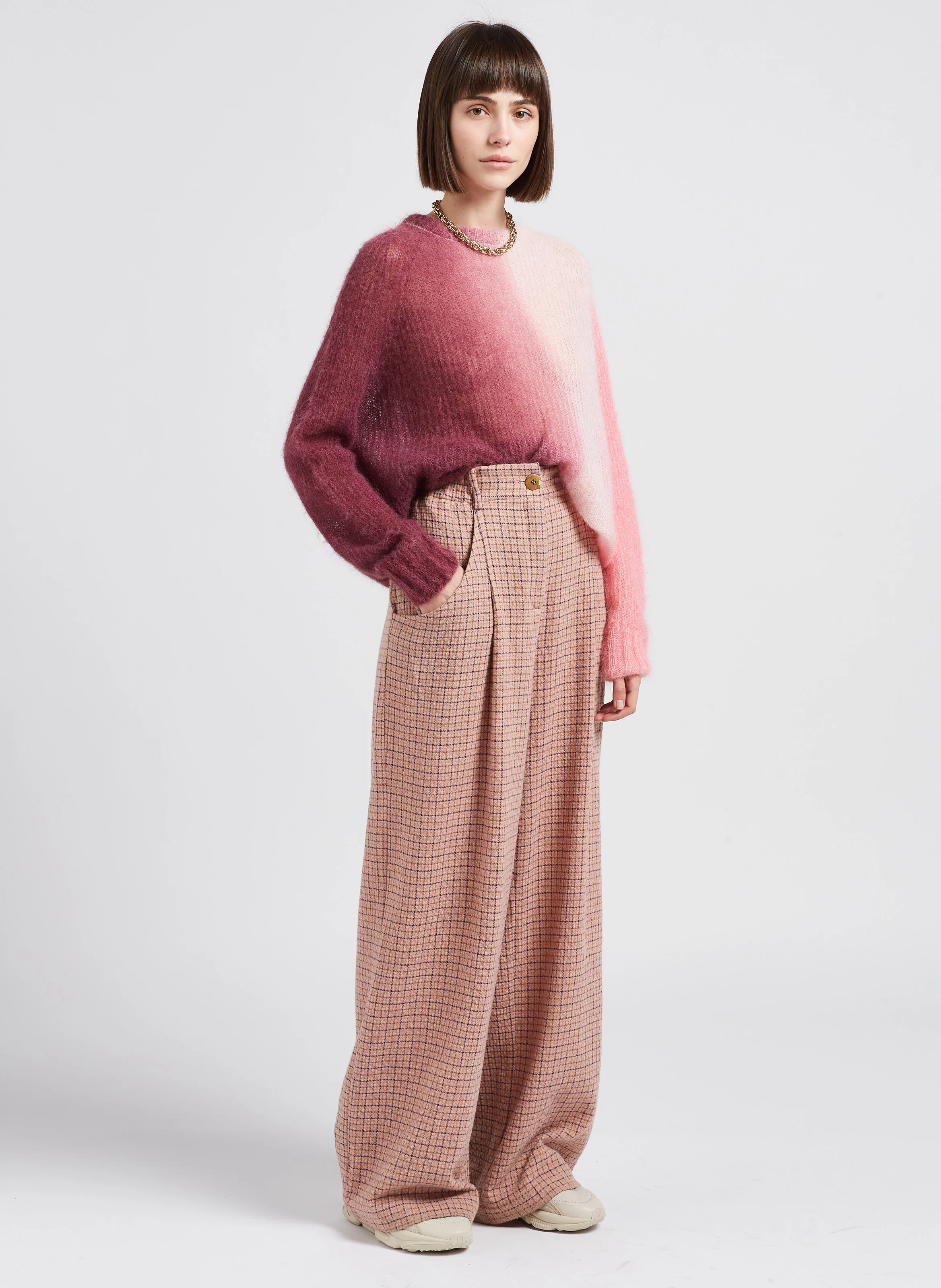 RENAUD - Pantalon large en laine mélangée | Rose