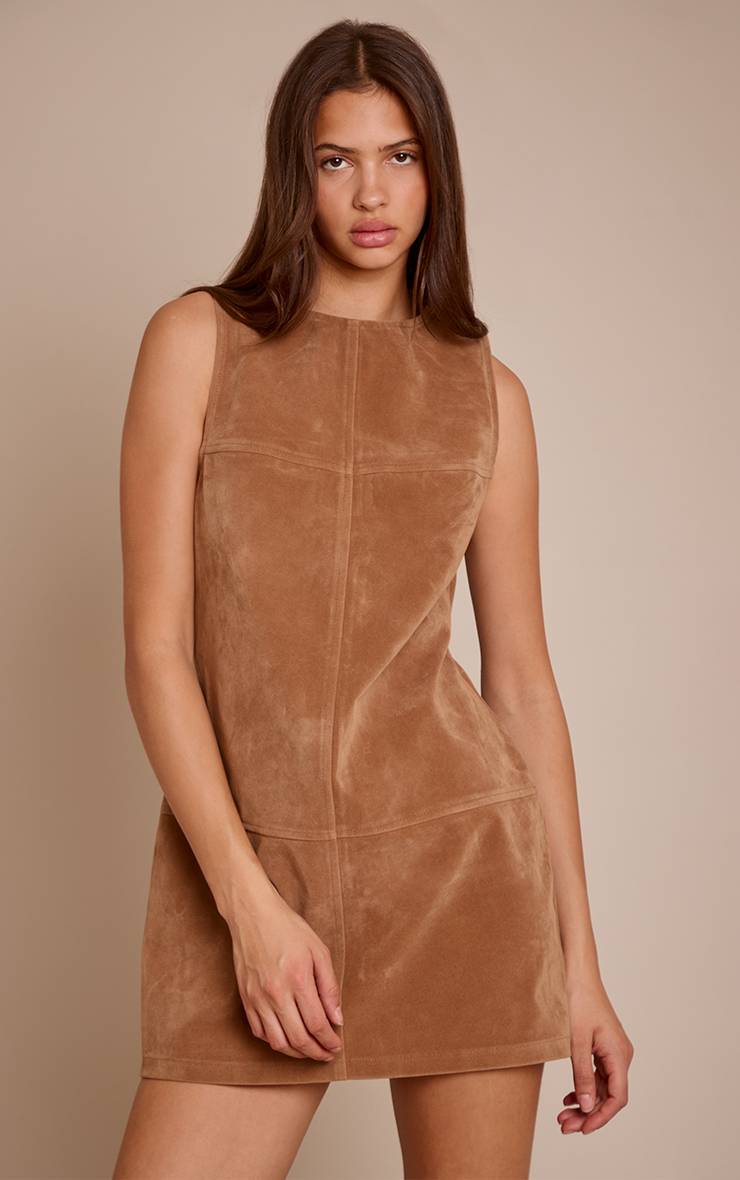 Marron Robe Droite Sans Manches En Faux Suède Structuré Avec Détails De Coutures