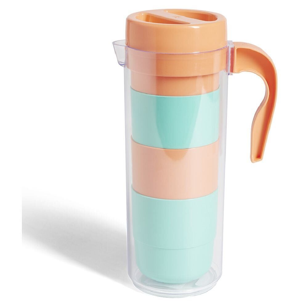 Pichet pique-nique avec 4 tasses plastique vert et orange Ø24xH8,5cm