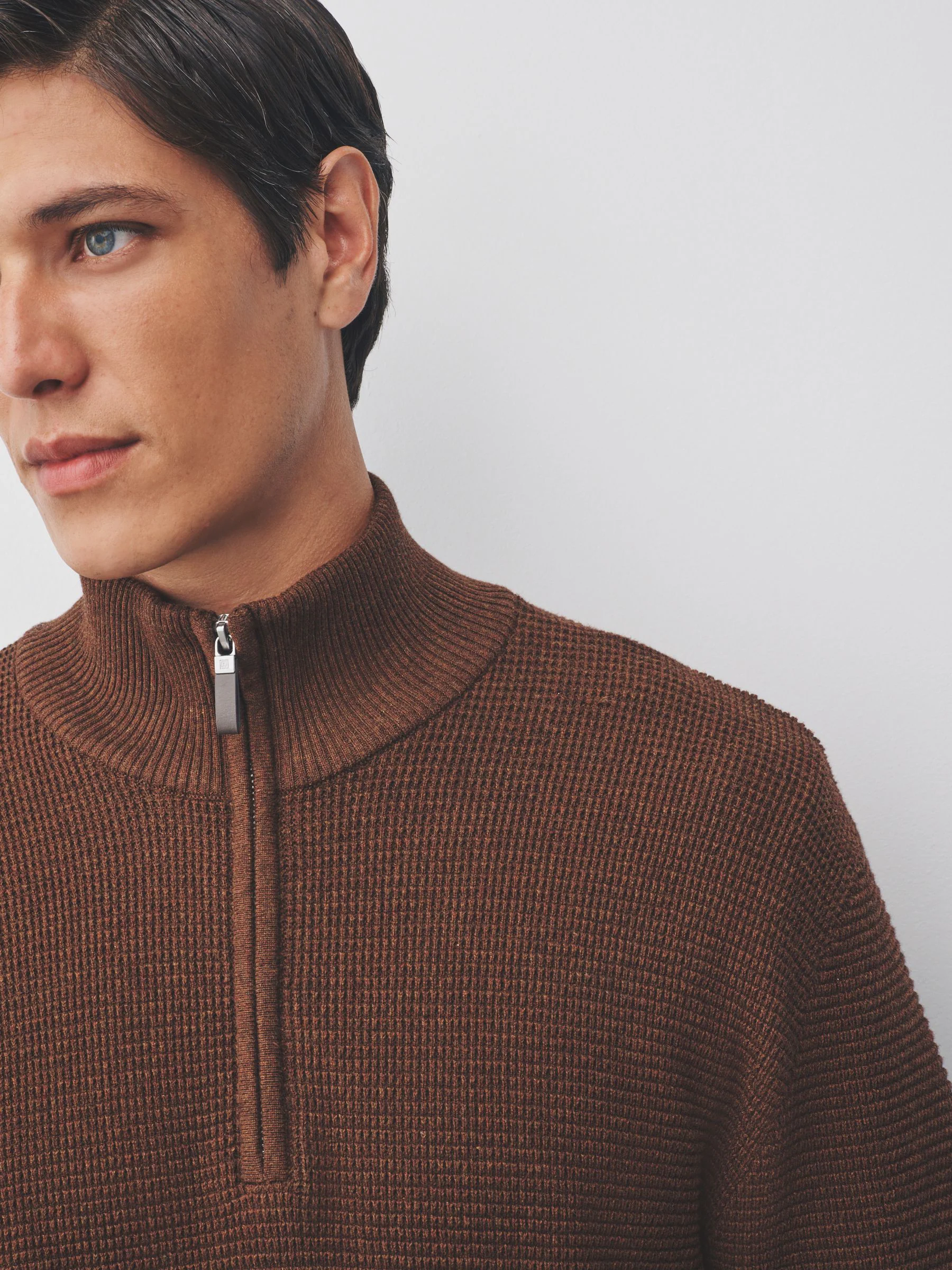 Lichtbruin - Effen - Regular Fit 100% Cotton Textured Premium Quarter Zip Jumper